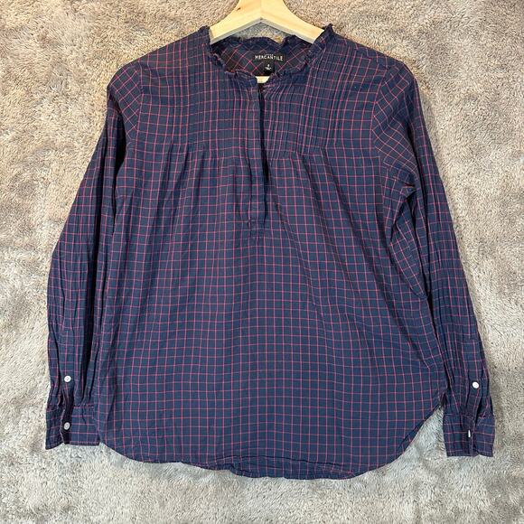 J. Crew Blue Red Windowpane Cotton Poplin Pintuck Popover Blouse Top Shirt 0 XS - Picture 3 of 9